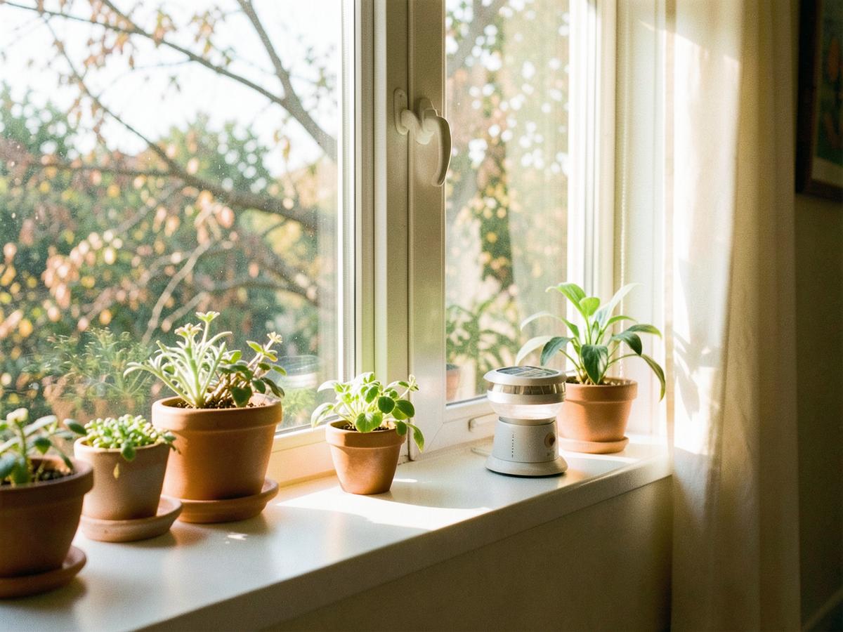 Terracotta pots of herbs and a small solar lamp on a sunlit windowsill overlooking a garden