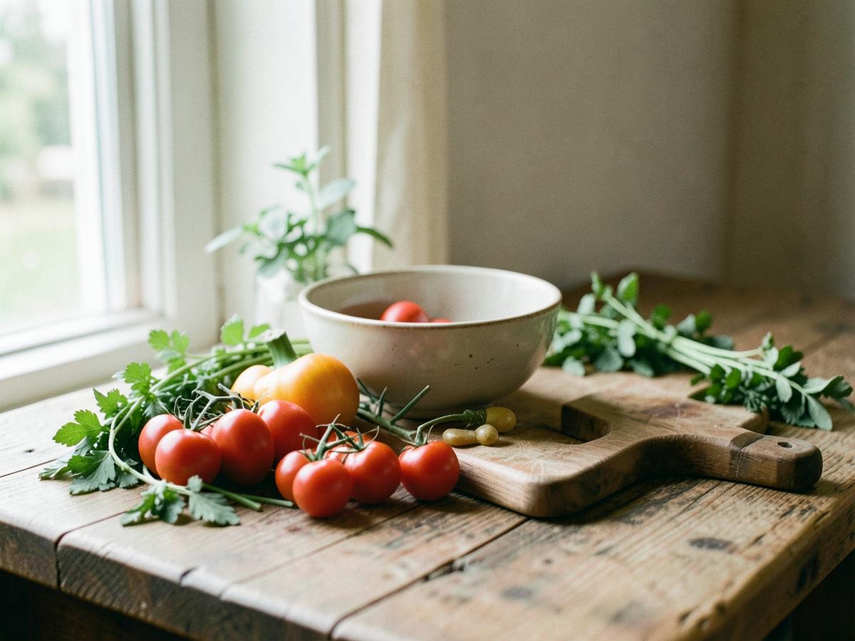 Ripe tomatoes, fresh herbs and a ceramic bowl on a rustic wooden table beside a bright window